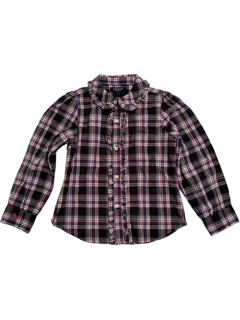 Chaps Plaid Ruffle Blouse, Girl’s 5, Button-down, Collar Purple, Green & Pink